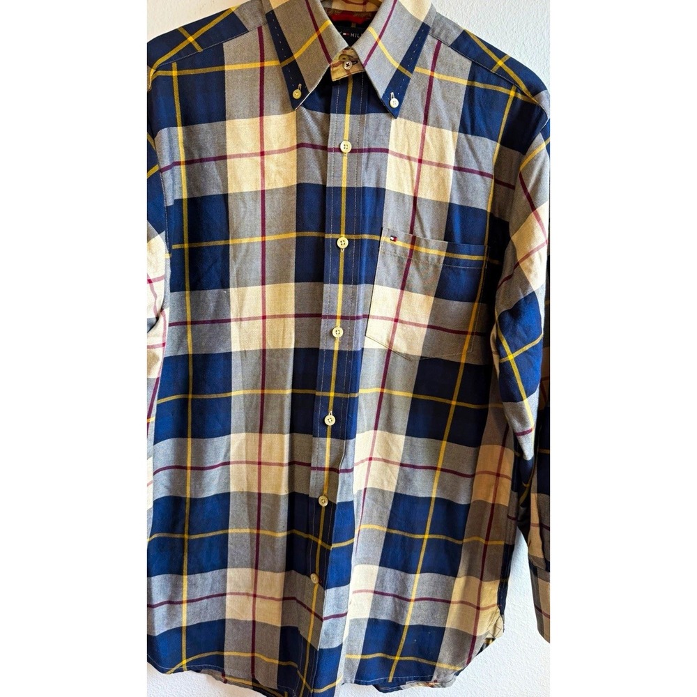 Tommy Hilfiger Mens Small Plaid Cotton Button Long Sleeve Shirt Pockets Cotton